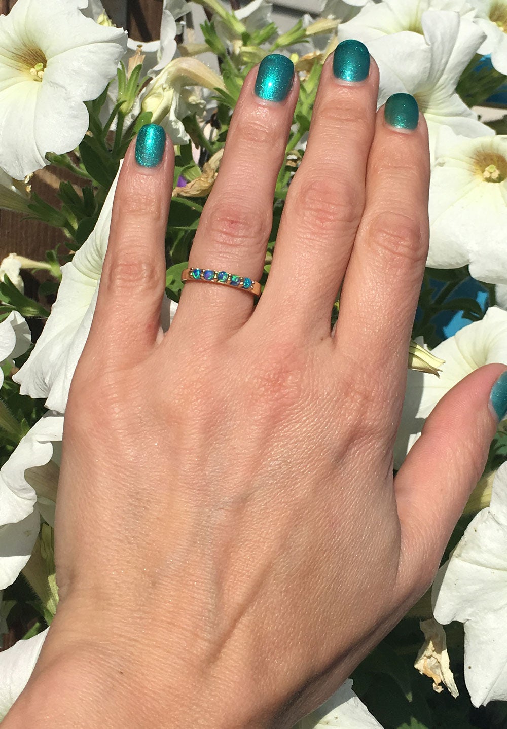 Blue Opal Ring - October Birthstone - Simple Stacking Ring with Five Blue Opal Gemstones - H.L.Jewelry