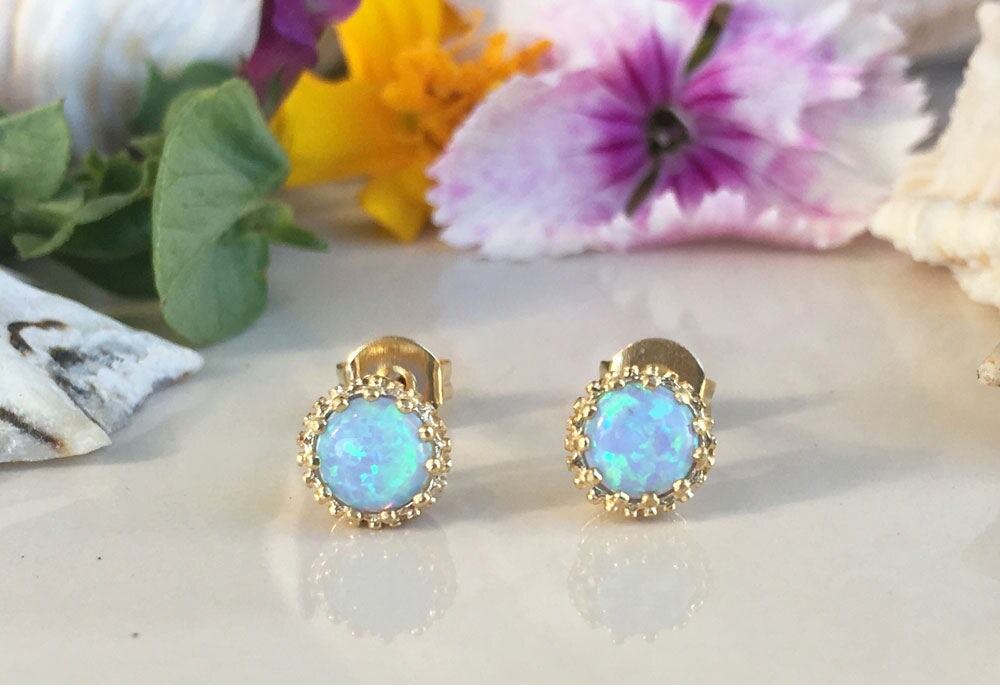 Blue Opal Earrings - October Birthstone - Small Round Stud Earrings with Blue Opal Gemstones - H.L.Jewelry