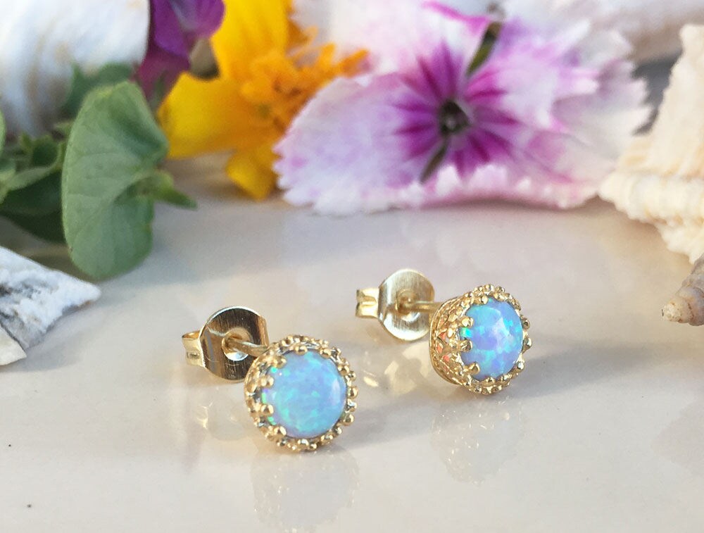 Blue Opal Earrings - October Birthstone - Small Round Stud Earrings with Blue Opal Gemstones - H.L.Jewelry