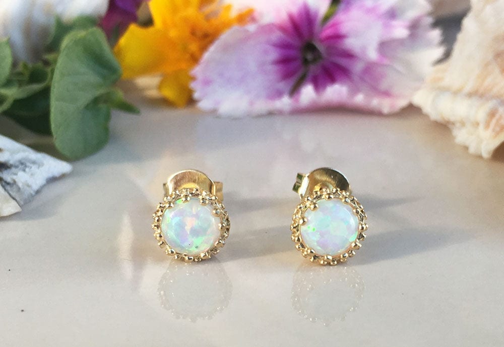 White Opal Earrings - Post Earrings - White Opal Gemstone Small Round Stud Earrings - H.L.Jewelry