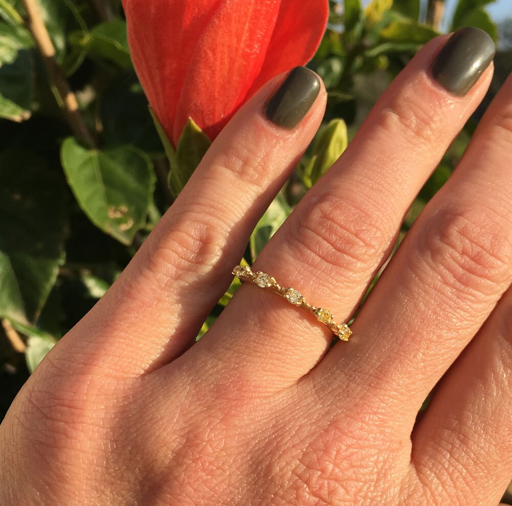 Yellow Citrine Ring - November Birthstone - Five Round Yellow Citrine Gemstones Simple Stacking Ring - H.L.Jewelry