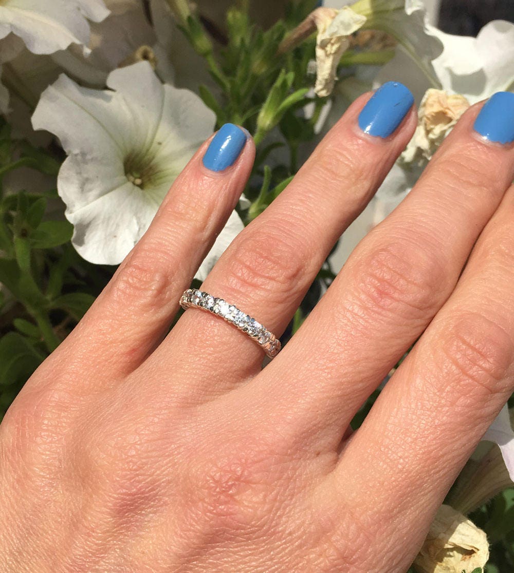 Clear Quartz Ring - April Birthstone - Delicate Stacking Half Eternity Ring with Eleven Round Clear Quartz Gemstones - H.L.Jewelry