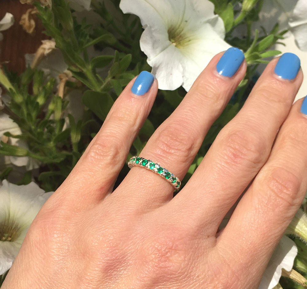 Emerald Ring - May Birthstone Jewelry - Stacking Half Eternity Ring with Eleven Round Emeralds - H.L.Jewelry