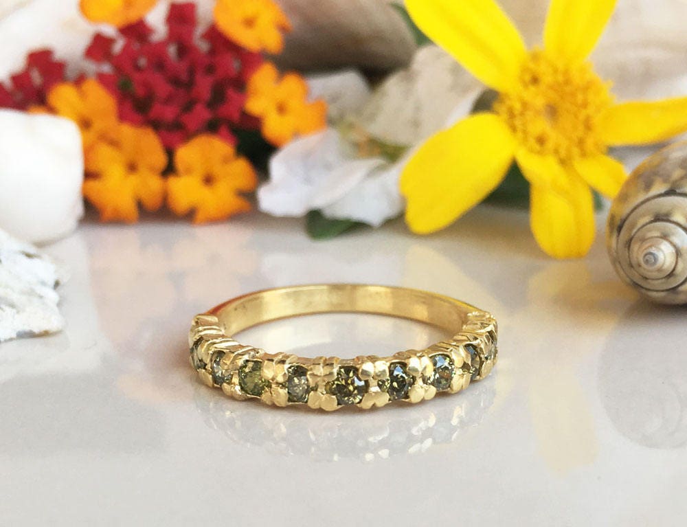 Peridot Ring - August Birthstone - Stacking Half Eternity Ring with Eleven Round Peridot Gemstones - H.L.Jewelry