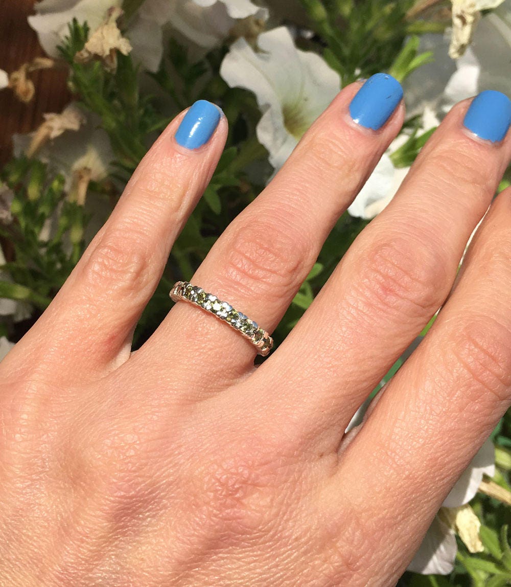 Peridot Ring - August Birthstone - Stacking Half Eternity Ring with Eleven Round Peridot Gemstones - H.L.Jewelry