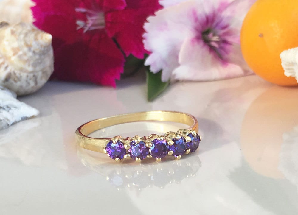 Amethyst Ring - February Birthstone - Stacking Ring with Five Round Purple Amethyst Stones - H.L.Jewelry