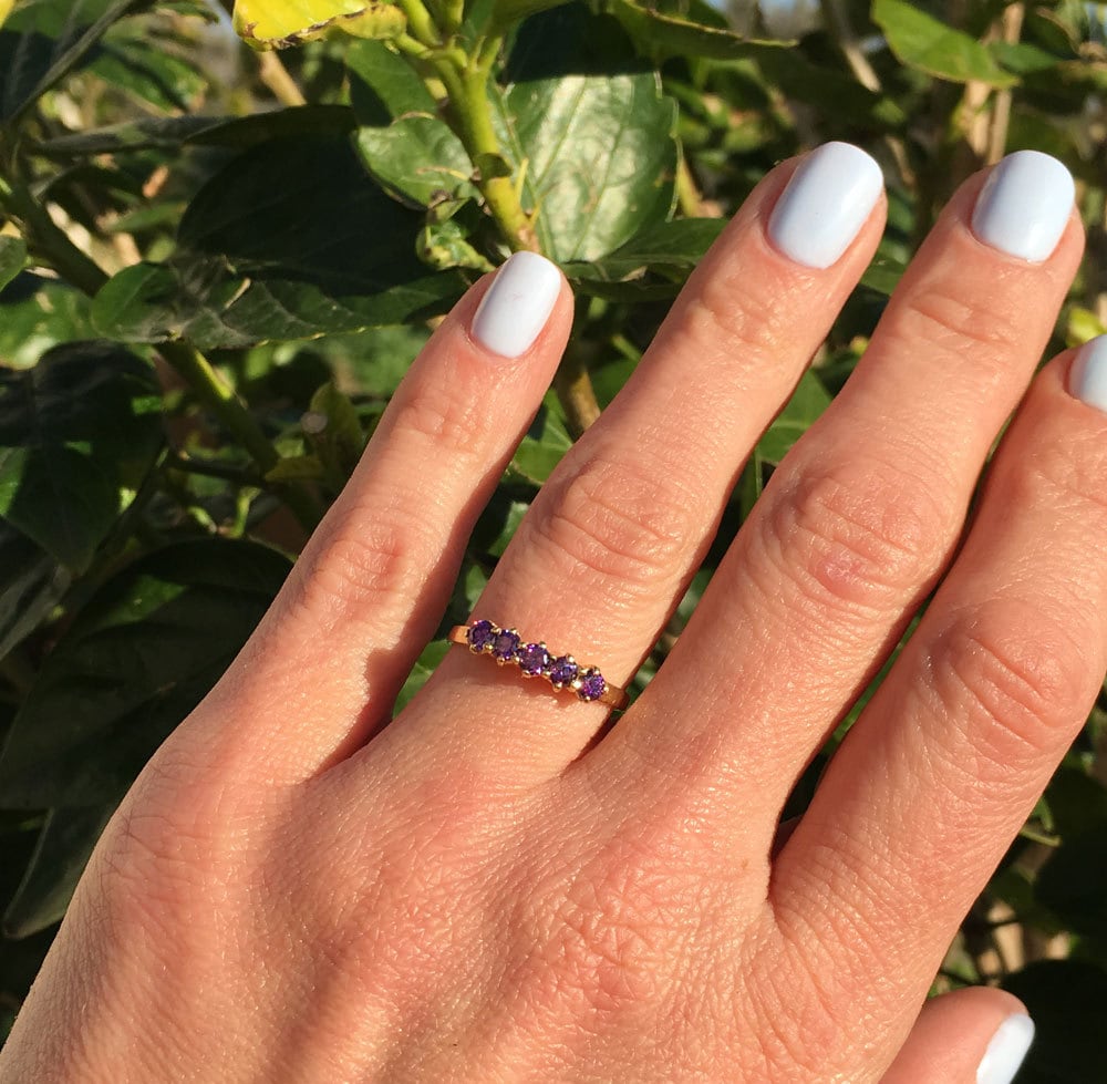 Amethyst Ring - February Birthstone - Stacking Ring with Five Round Purple Amethyst Stones - H.L.Jewelry