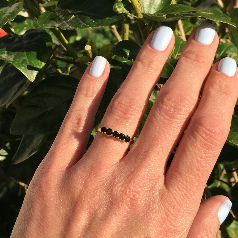 Black Onyx Ring - December Birthstone - Stacking Ring with Five Round Black Onyx Gemstones - H.L.Jewelry