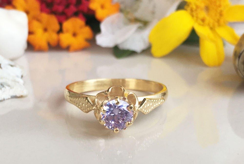 Lavender Amethyst Ring - Round Lavender Amethyst Gemstone Flower Ring - H.L.Jewelry