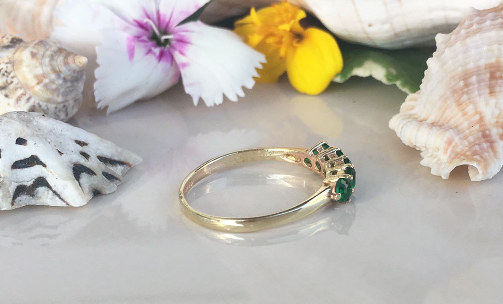 Emerald Ring - May Birthstone Jewelry - Stacking Ring with Five Round Emeralds - H.L.Jewelry