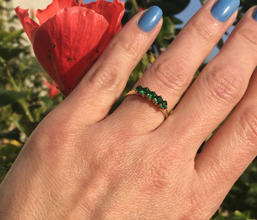 Emerald Ring - May Birthstone Jewelry - Stacking Ring with Five Round Emeralds - H.L.Jewelry