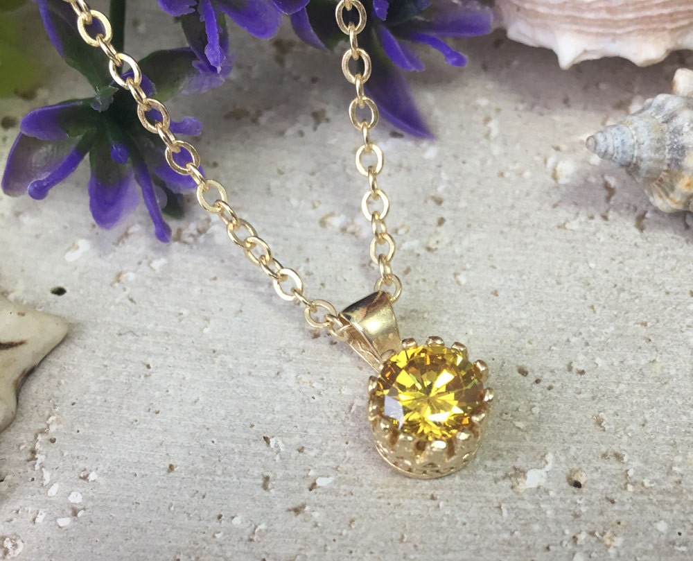 Citrine Necklace - November Birthstone - Delicate Chain Necklace with Round Citrine Gemstone - H.L.Jewelry