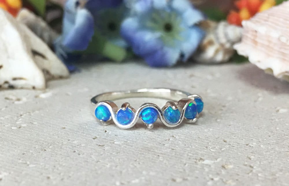 Blue Opal Ring - October Birthstone - Simple Stacking Ring with Five Blue Opal Gemstones - H.L.Jewelry