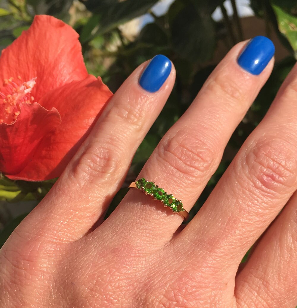 Peridot Ring - August Birthstone - Stacking Ring with Five Round Peridot Gemstones - H.L.Jewelry