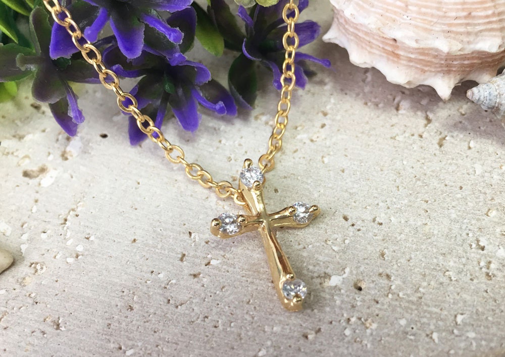 Cross Necklace - Delicate Chain Cross Necklace with Four Clear Quartz Stones - H.L.Jewelry