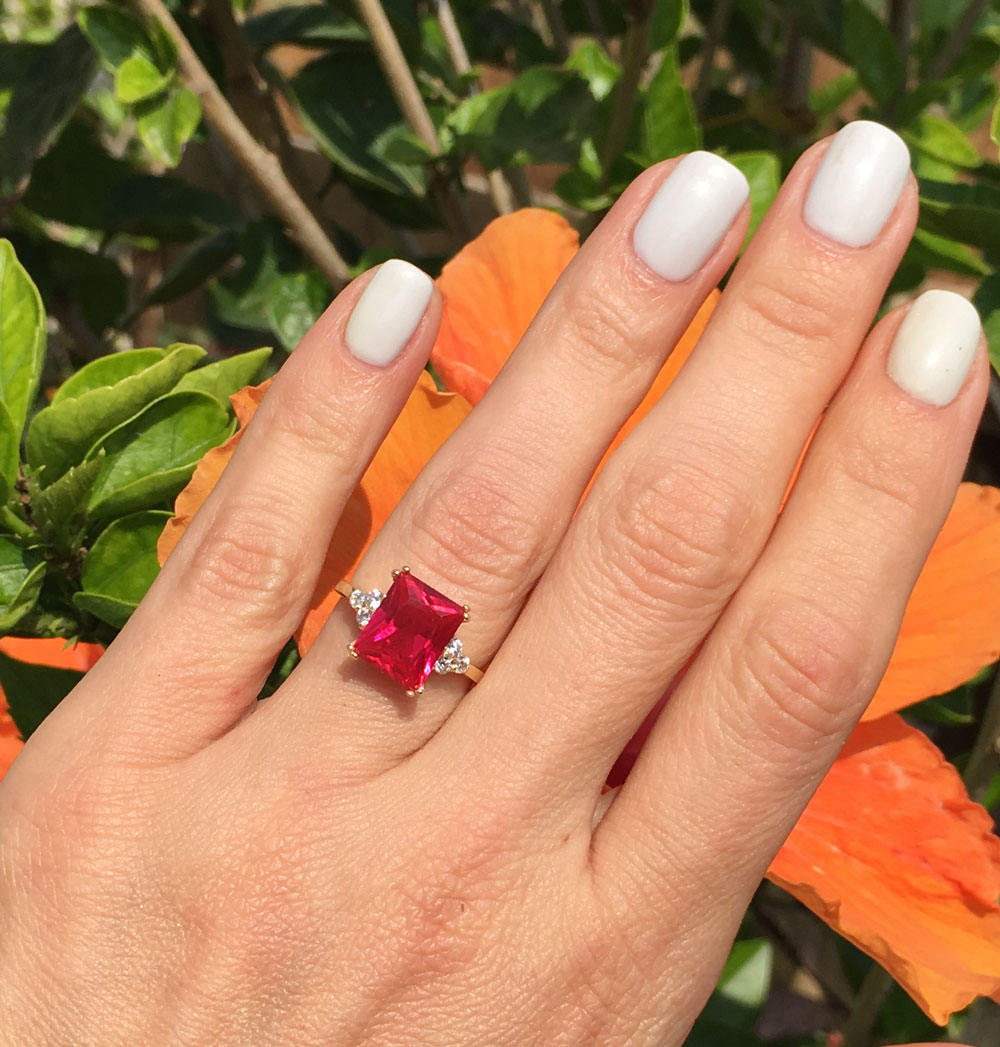 Ruby Ring - July Birthstone - Octagon Ruby Gemstone Statement Engagement Ring with Clear Quartz Accents - H.L.Jewelry