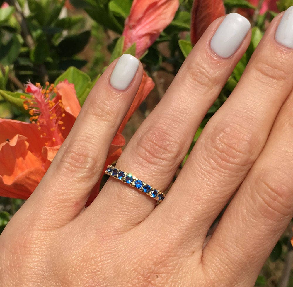 Blue Topaz Ring - December Birthstone - Delicate Stacking Half Eternity Ring with Eleven Round Blue Topaz Gemstones - H.L.Jewelry