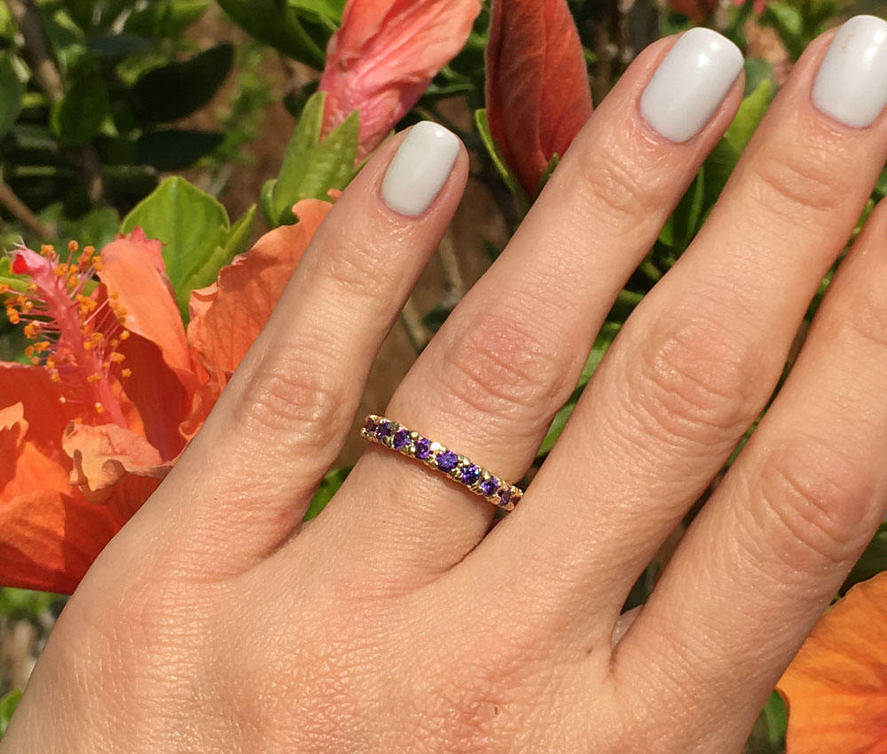 Purple Amethyst Ring - February Birthstone - Eleven Round Purple Amethyst Gemstones Stacking Half Eternity Ring - H.L.Jewelry