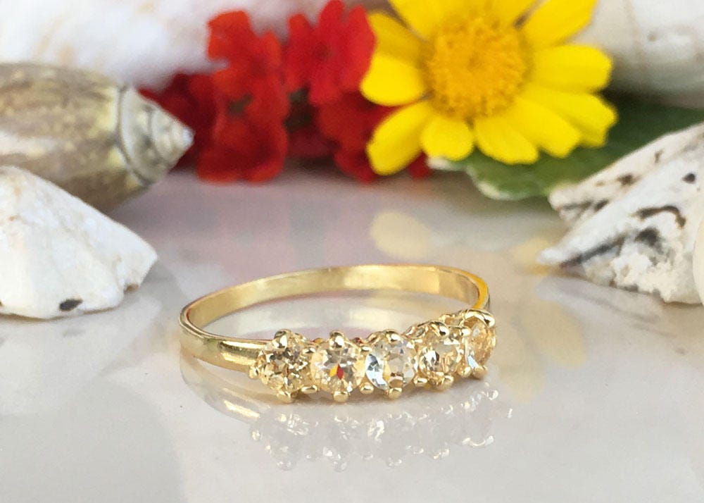 Citrine Ring - November Birthstone -Stacking Ring with Five Round Citrine Gemstones - H.L.Jewelry