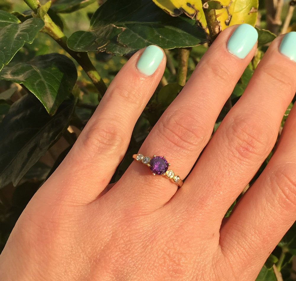 Amethyst Ring - February Birthstone - Ring with Round Amethyst Center Stone and Clear Quartz Accents - H.L.Jewelry