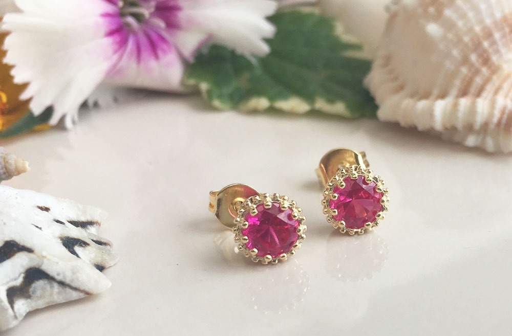 Ruby Earrings - July Birthstone Jewelry - Small Round Stud Earrings with Ruby Gemstone - H.L.Jewelry