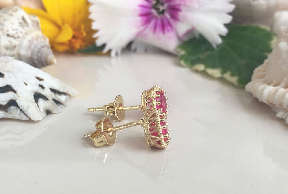 Ruby Earrings - July Birthstone Jewelry - Small Round Stud Earrings with Ruby Gemstone - H.L.Jewelry