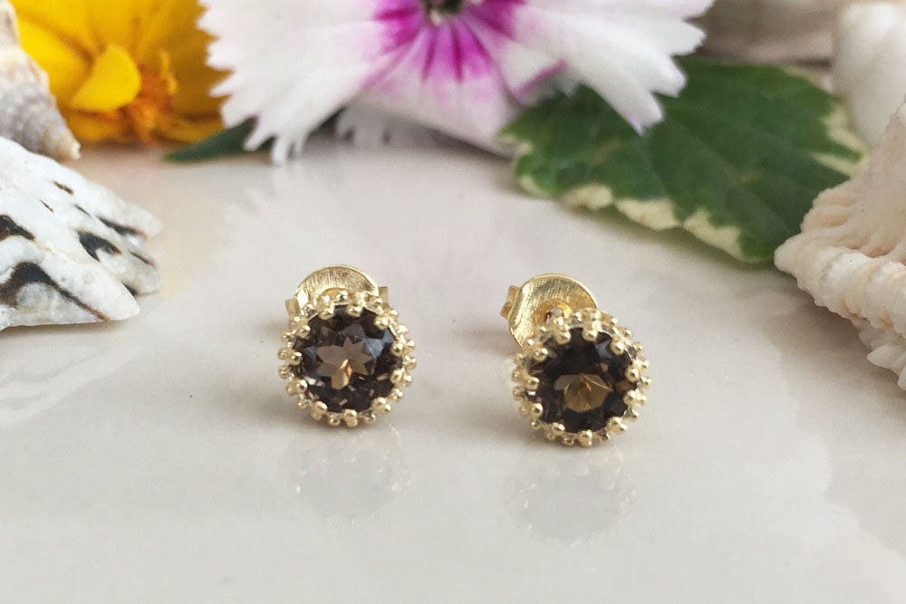 Smoky Quartz Earrings - Smoky Quartz Gemstone Small Round Stud Earrings - H.L.Jewelry