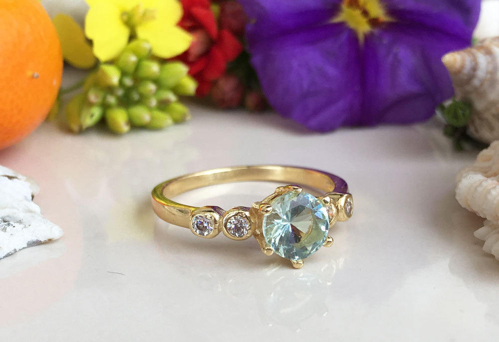 Aquamarine Ring - March Birthstone - Dainty Ring with Round Aquamarine Center Stone and Clear Quartz Accents - H.L.Jewelry