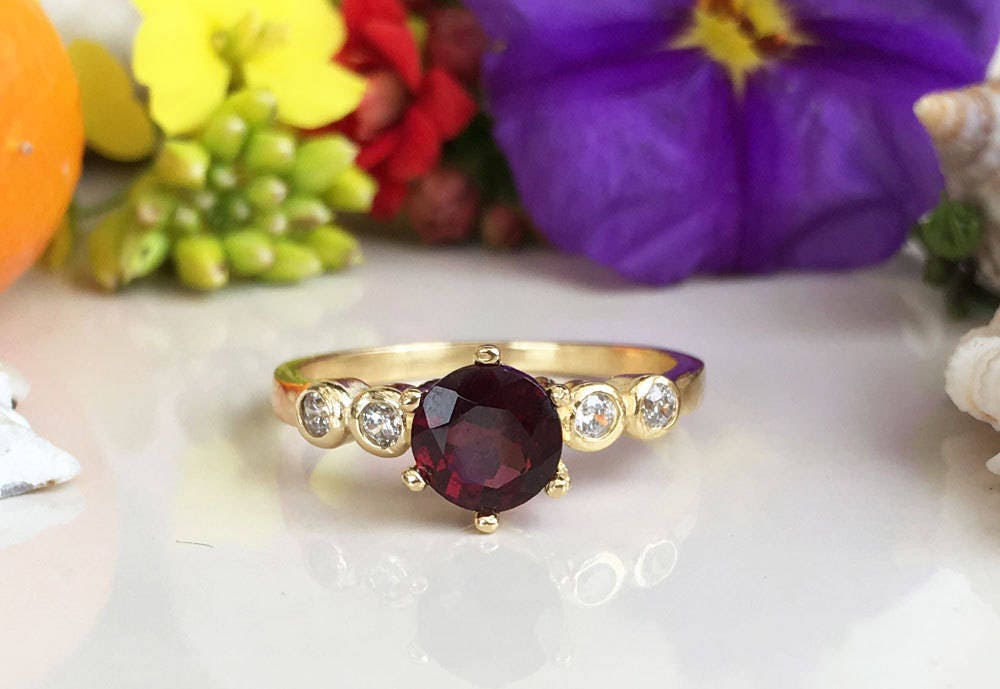 Red Garnet Ring - January Birthstone - Delicate Ring with Round Red Garnet Gemstone and Clear Quartz Accents - H.L.Jewelry