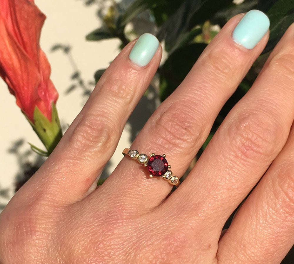 Red Garnet Ring - January Birthstone - Delicate Ring with Round Red Garnet Gemstone and Clear Quartz Accents - H.L.Jewelry