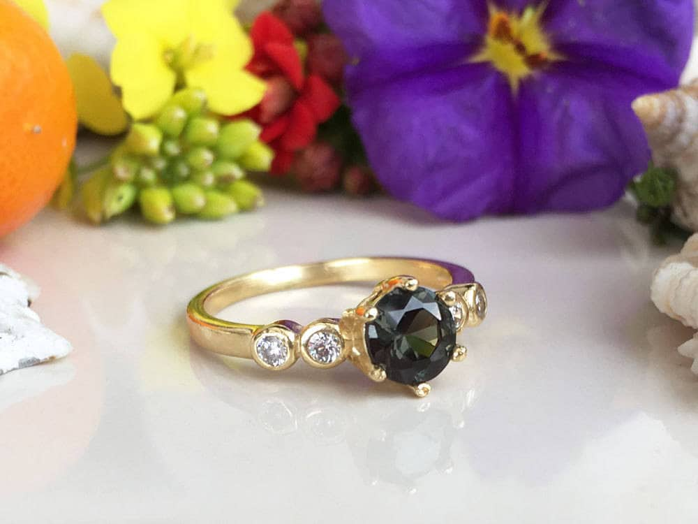 Green Tourmaline Ring - Delicate Ring with Round Green Tourmaline Gemstone and Clear Quartz Accents - H.L.Jewelry