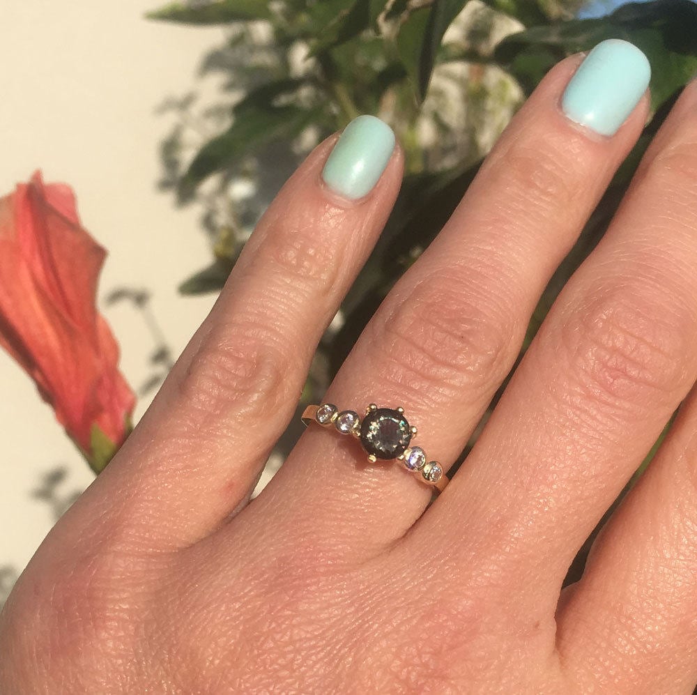 Green Tourmaline Ring - Delicate Ring with Round Green Tourmaline Gemstone and Clear Quartz Accents - H.L.Jewelry