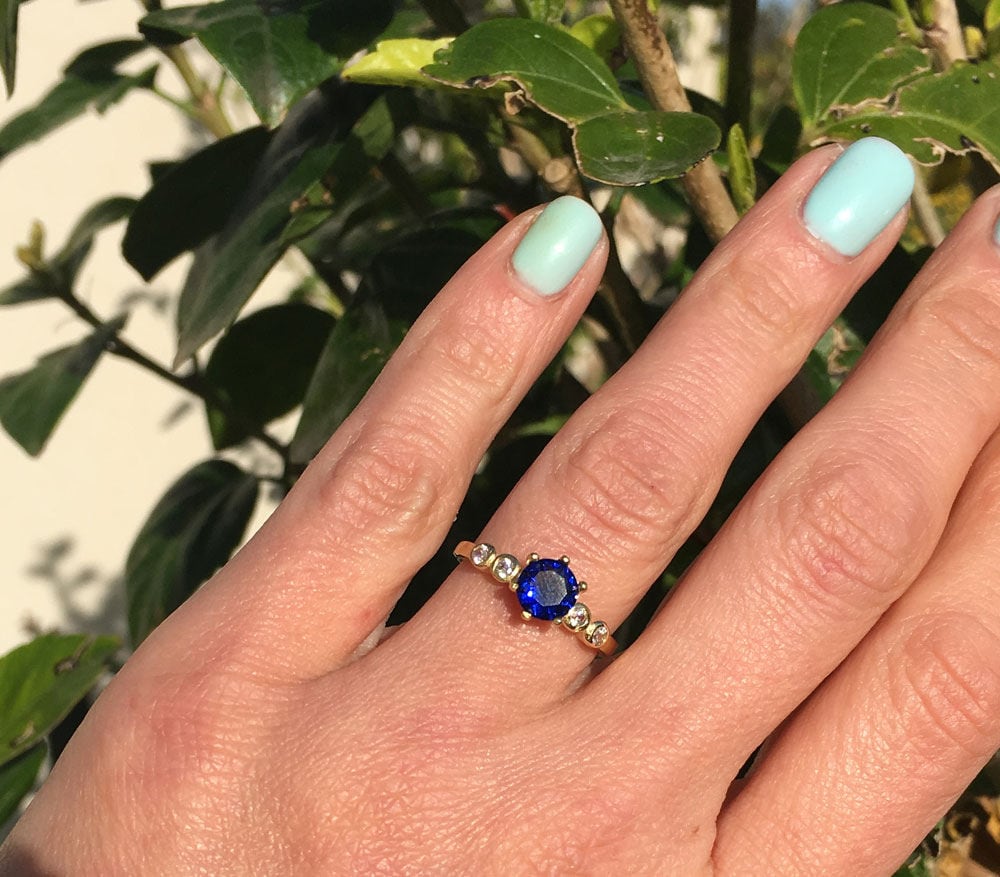 Blue Sapphire Ring - September Birthstone - Round Blue Sapphire Gemstone Ring with Clear Quartz Accents - H.L.Jewelry