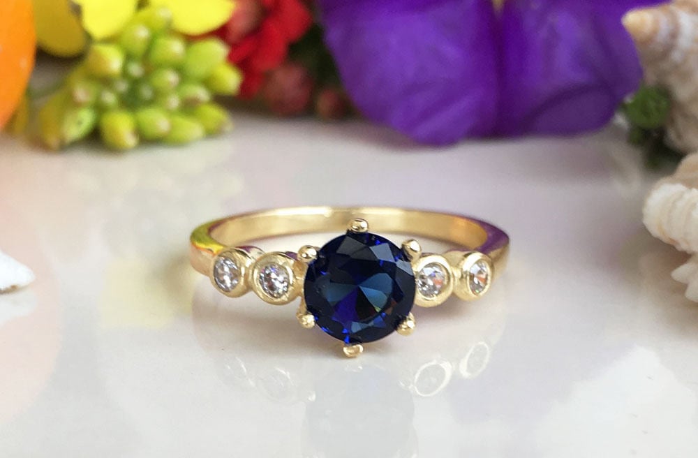 Blue Sapphire Ring - September Birthstone - Round Blue Sapphire Gemstone Ring with Clear Quartz Accents - H.L.Jewelry