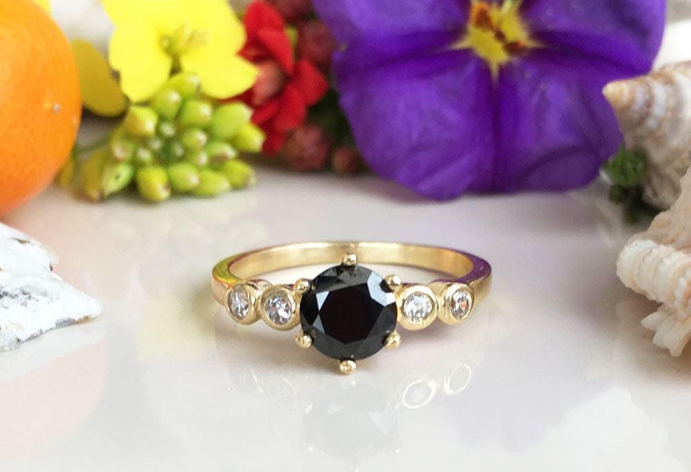 Black Onyx Ring - December Birthstone - Delicate Round Black Onyx Ring with Clear Quartz Accents - H.L.Jewelry