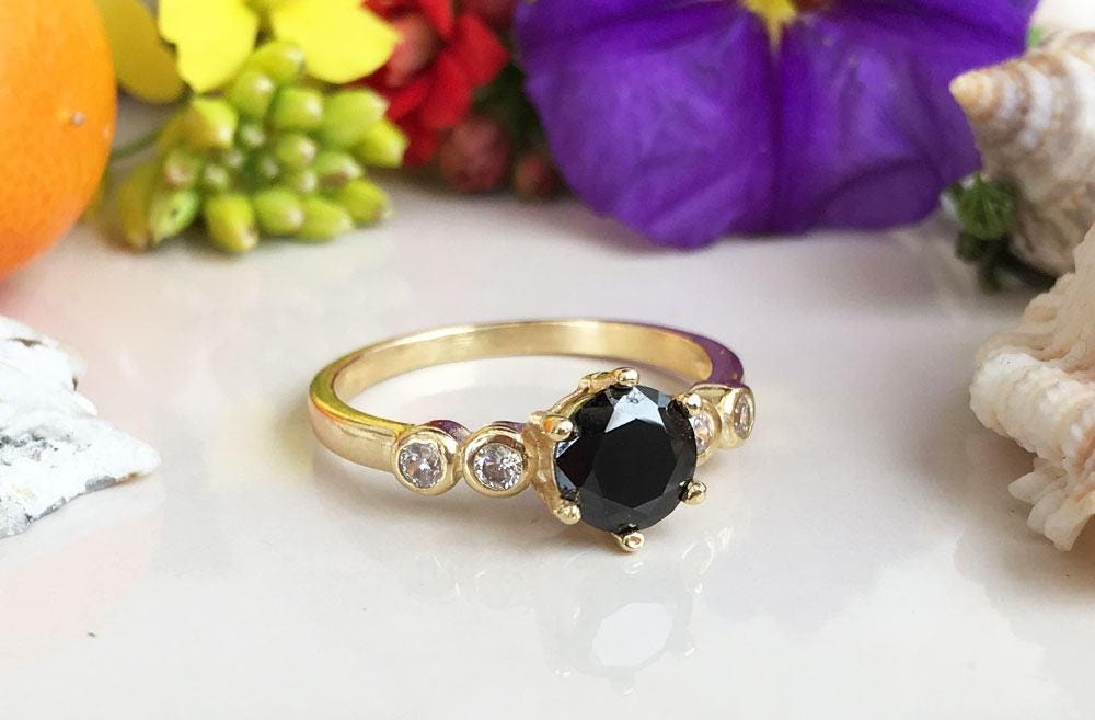 Black Onyx Ring - December Birthstone - Delicate Round Black Onyx Ring with Clear Quartz Accents - H.L.Jewelry