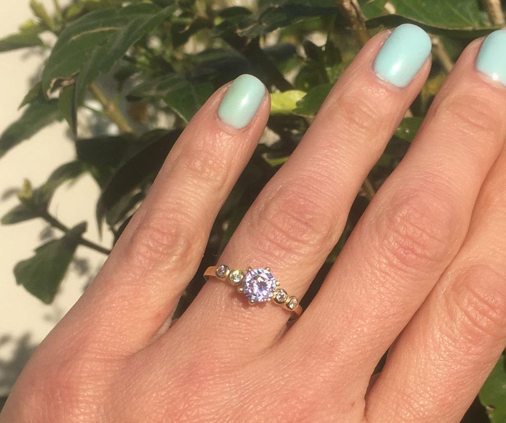 Lavender Amethyst Ring - Tiny Delicate Ring with Round Lavender Amethyst Gemstone and Clear Quartz Accents - H.L.Jewelry