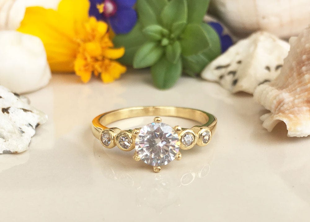 Clear Quartz Ring - April Birthstone - Delicate Ring with Round Clear Quartz Center Stone and Small Clear Quartz Accents - H.L.Jewelry