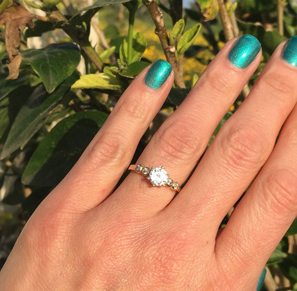 Clear Quartz Ring - April Birthstone - Delicate Ring with Round Clear Quartz Center Stone and Small Clear Quartz Accents - H.L.Jewelry