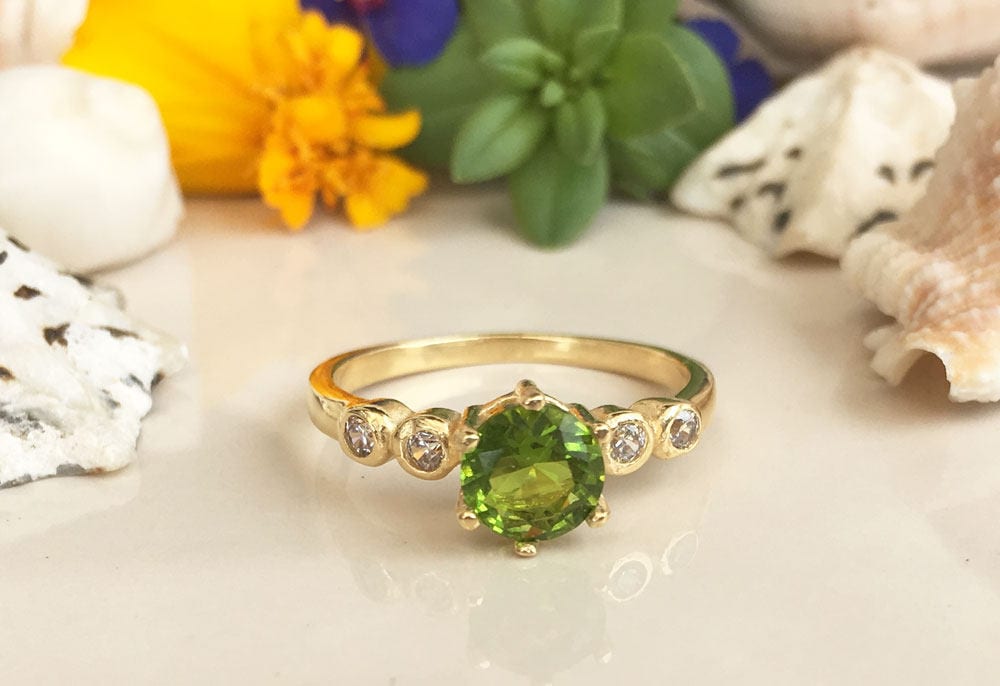 Peridot Ring - August Birthstone - Delicate Ring with Round Peridot Gemstone and Clear Quartz Accents - H.L.Jewelry