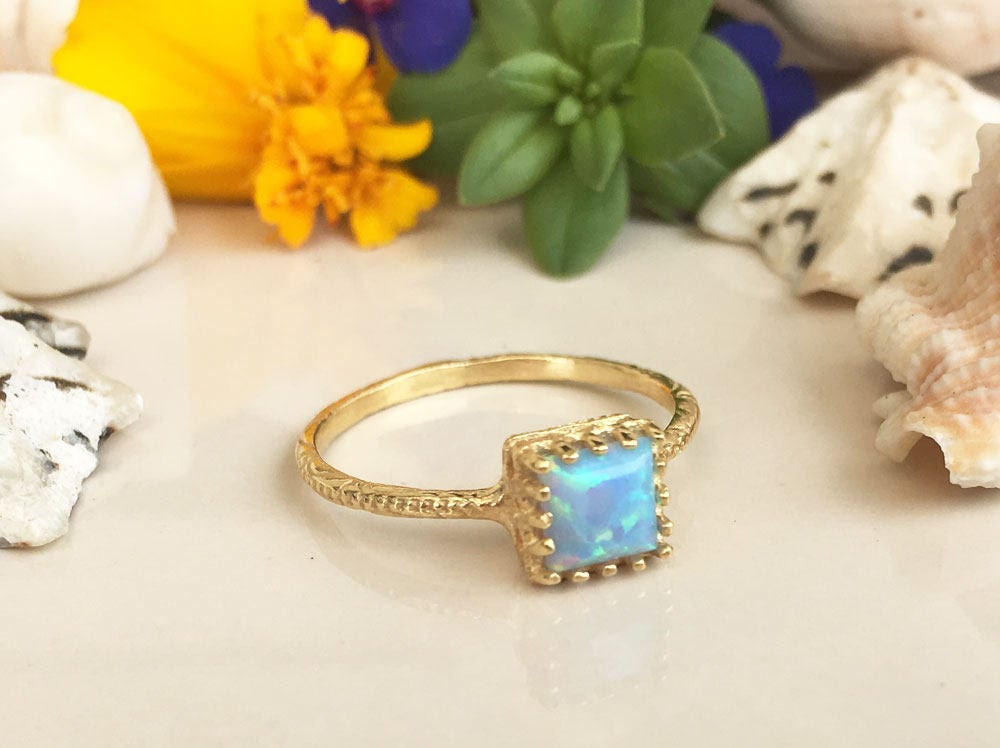 Blue Opal Ring - October Birthstone - Square Crown Simple Hammered Ring with Blue Opal Gemstone - H.L.Jewelry