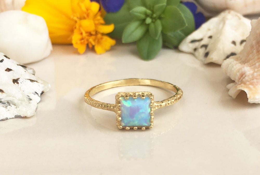 Blue Opal Ring - October Birthstone - Square Crown Simple Hammered Ring with Blue Opal Gemstone - H.L.Jewelry