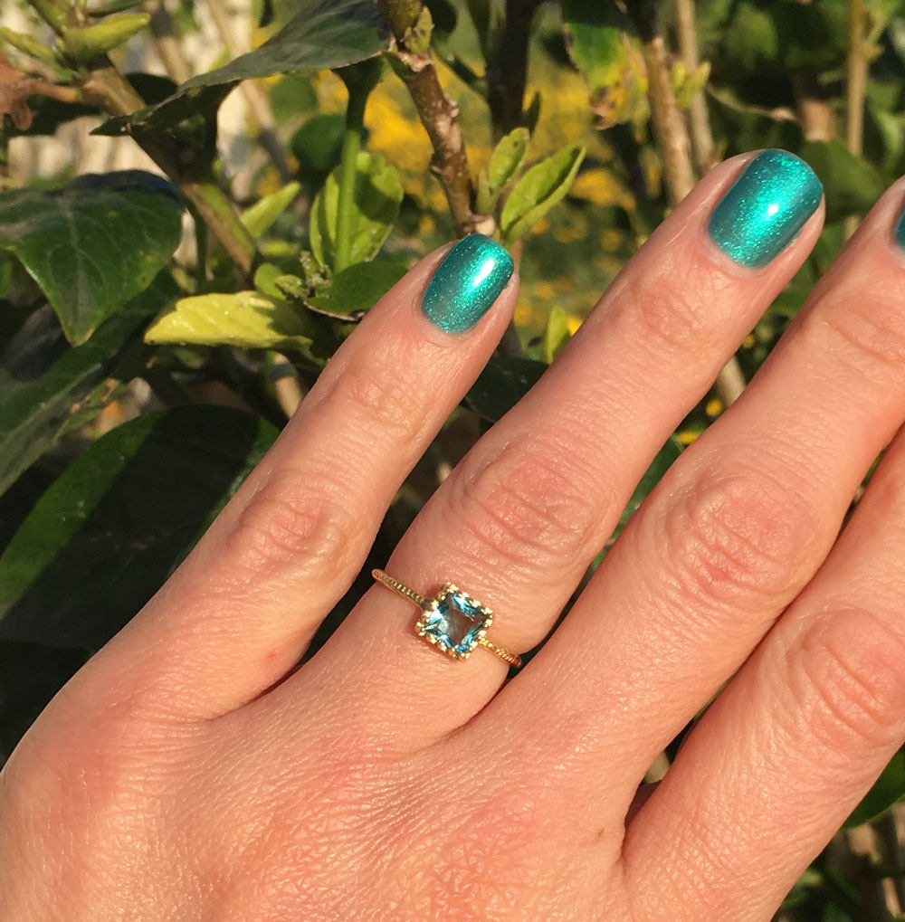 Blue Topaz Ring - December Birthstone - Blue Topaz Gemstone Square Crown Simple Hammered Ring - H.L.Jewelry