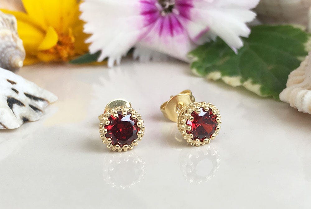 Red Garnet Earrings - January Birthstone - Red Garnet Gemstones Small Round Stud Earrings - H.L.Jewelry