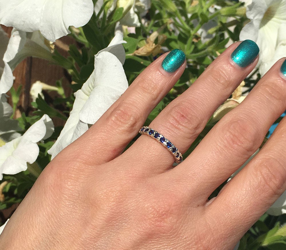 Blue Sapphire Ring - September Birthstone - Stacking Half Eternity Ring with Eleven Round Blue Sapphire Gemstones - H.L.Jewelry