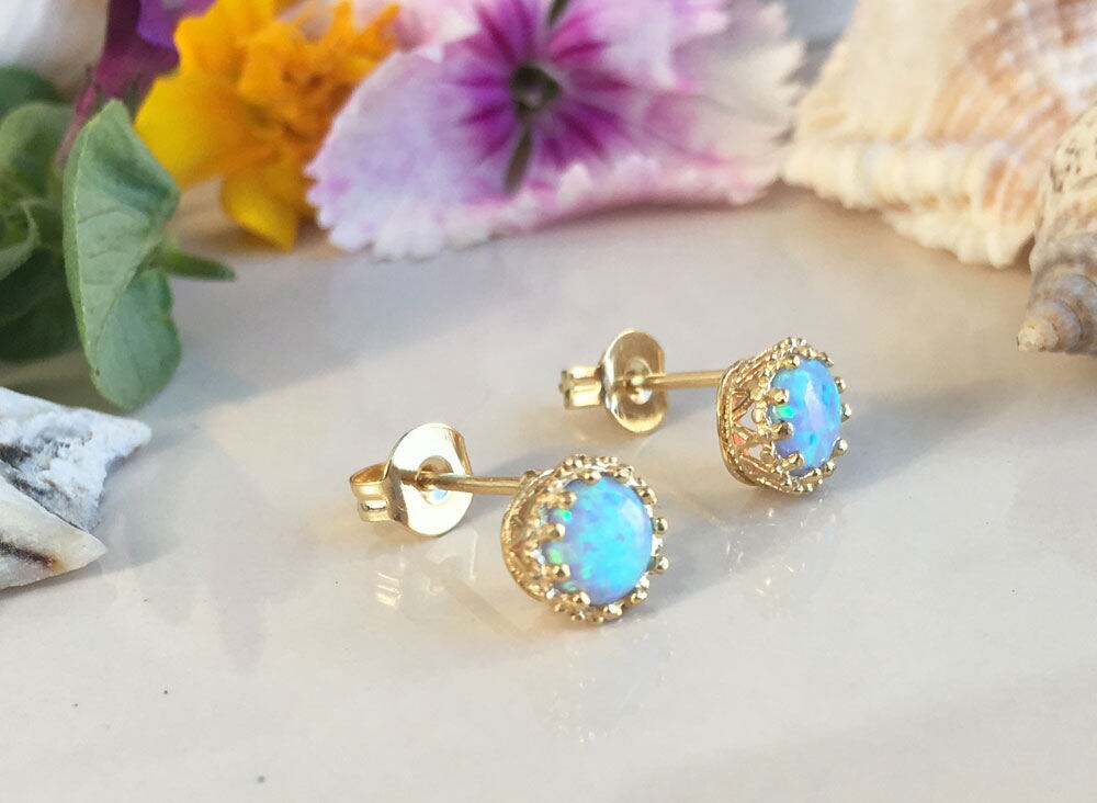 Blue Opal Earrings - October Birthstone - Small Round Stud Earrings with Blue Opal Gemstones - H.L.Jewelry