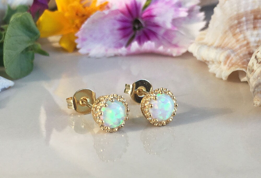 White Opal Earrings - Post Earrings - White Opal Gemstone Small Round Stud Earrings - H.L.Jewelry