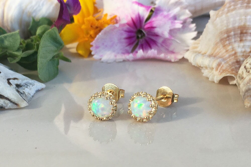 White Opal Earrings - Post Earrings - White Opal Gemstone Small Round Stud Earrings - H.L.Jewelry