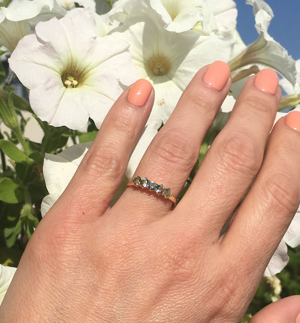 Aquamarine Ring - March Birthstone - Stacking Ring with Five Round Aquamarine Gemstones - H.L.Jewelry