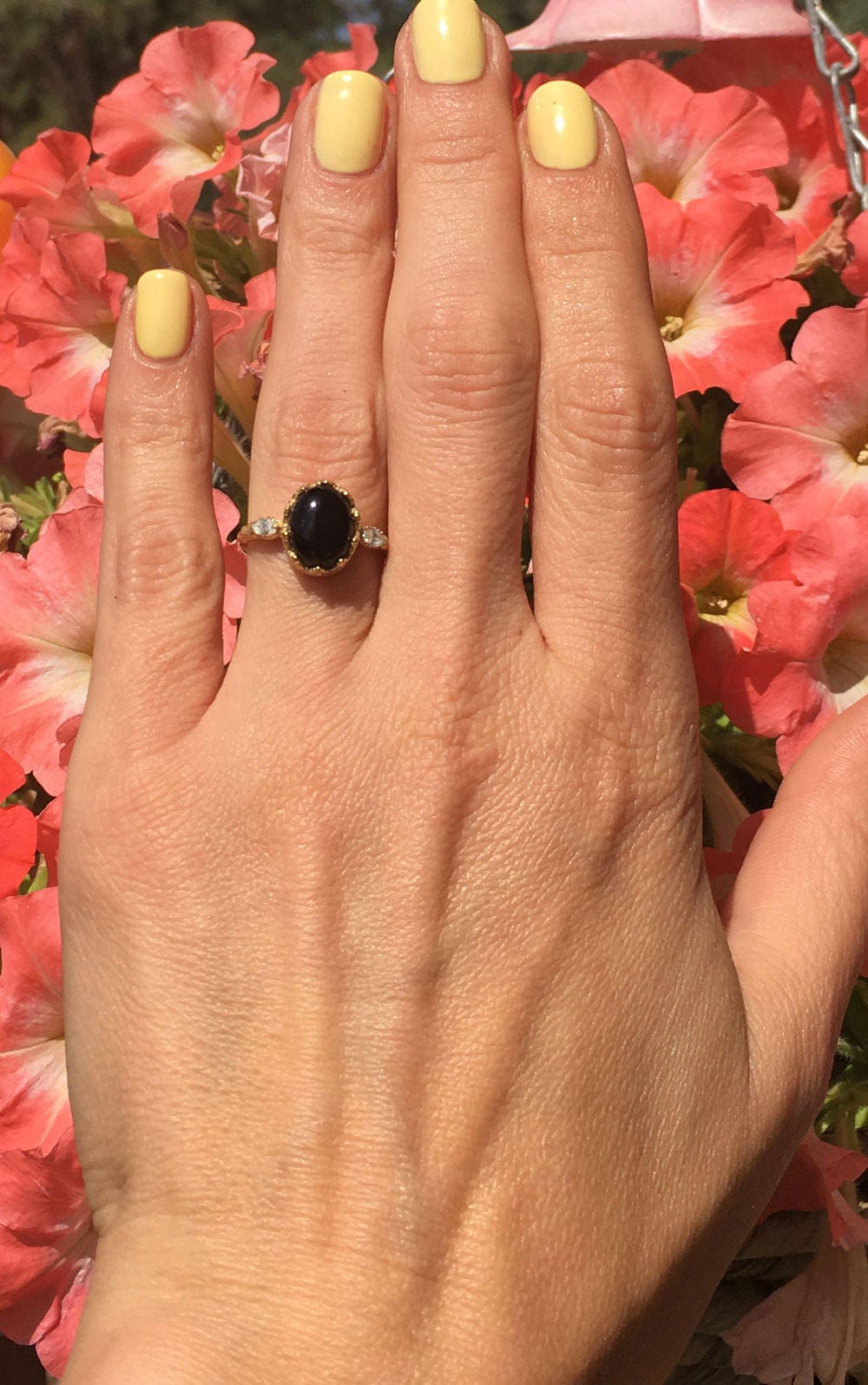 Black Onyx Ring - December Birthstone - Oval Black Onyx Gemstone Statement Ring with Clear Quartz Accents - H.L.Jewelry